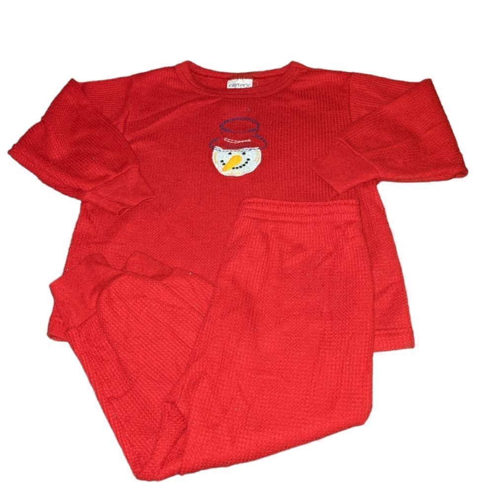 90s Vintage Carter's kids red‎ Holiday thermal pajama set snowman size 3T